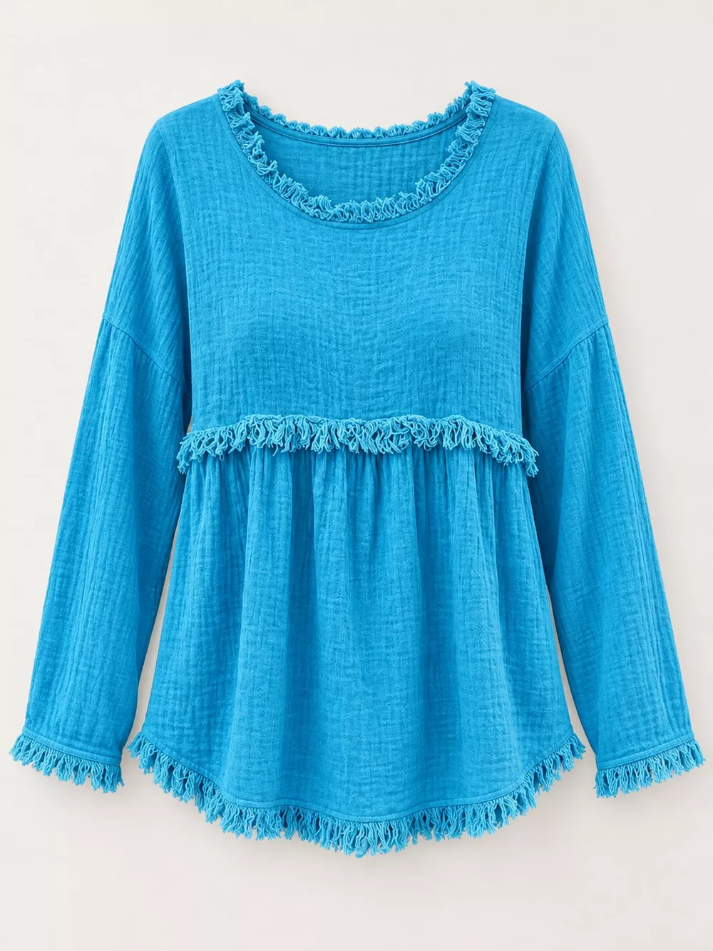 Full Size Frayed Hem Textured Blouse Plus Size, image 31