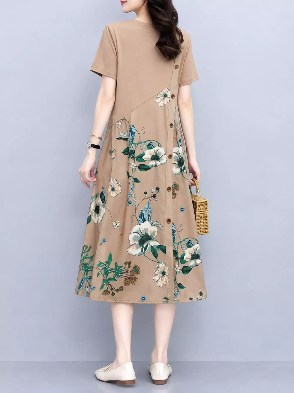 Plus Size Floral Print A-Line Midi Dress with Asymmetric Button Detail, image 4