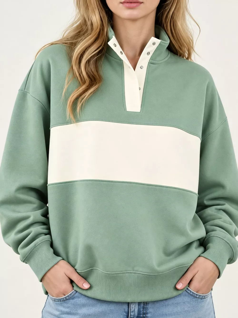 Full Size Color Block Snap-Button Sweatshirt Plus Size, image 16