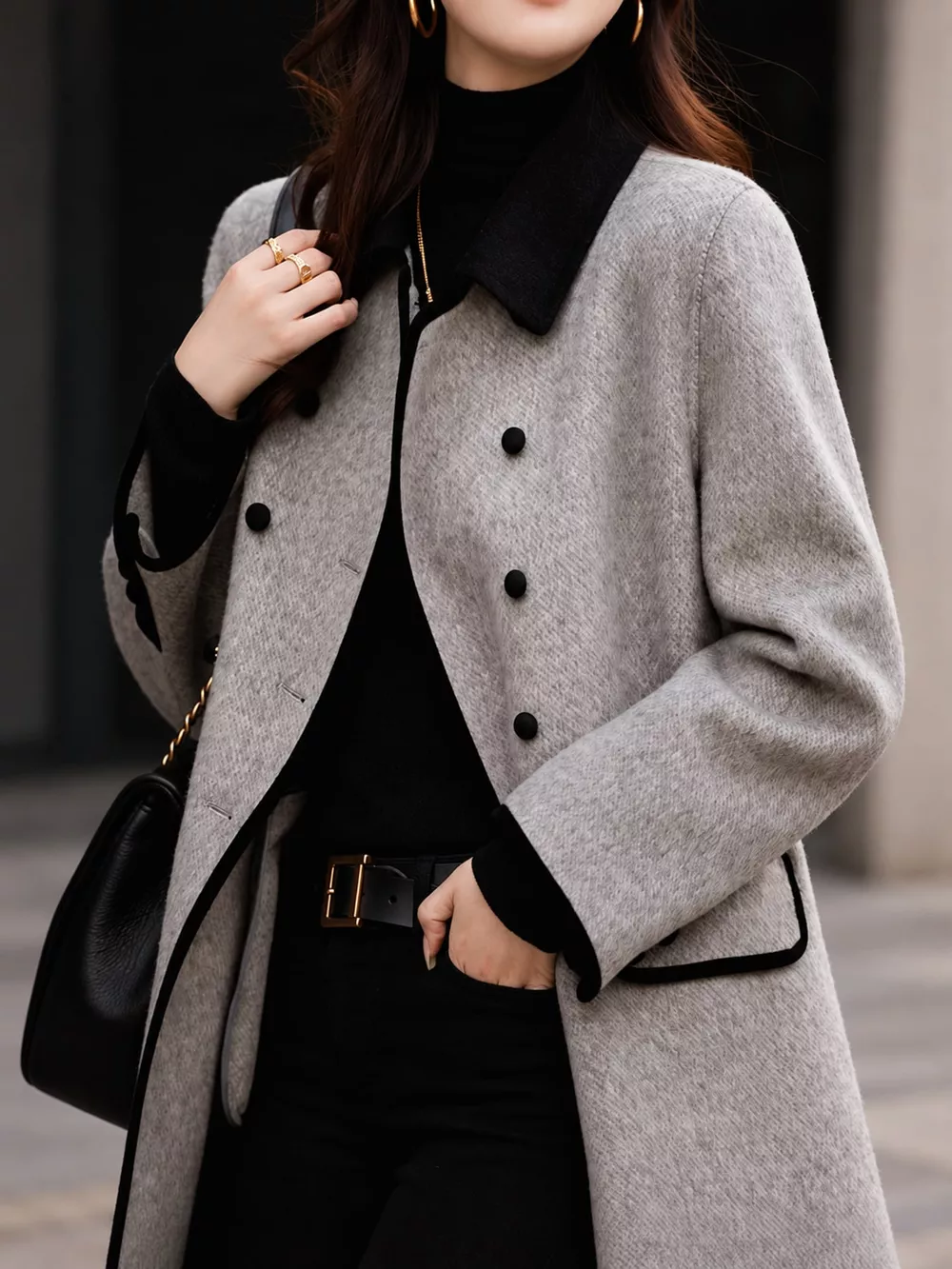Plus Size Double-Breasted Coat with Contrast Trim, image 7