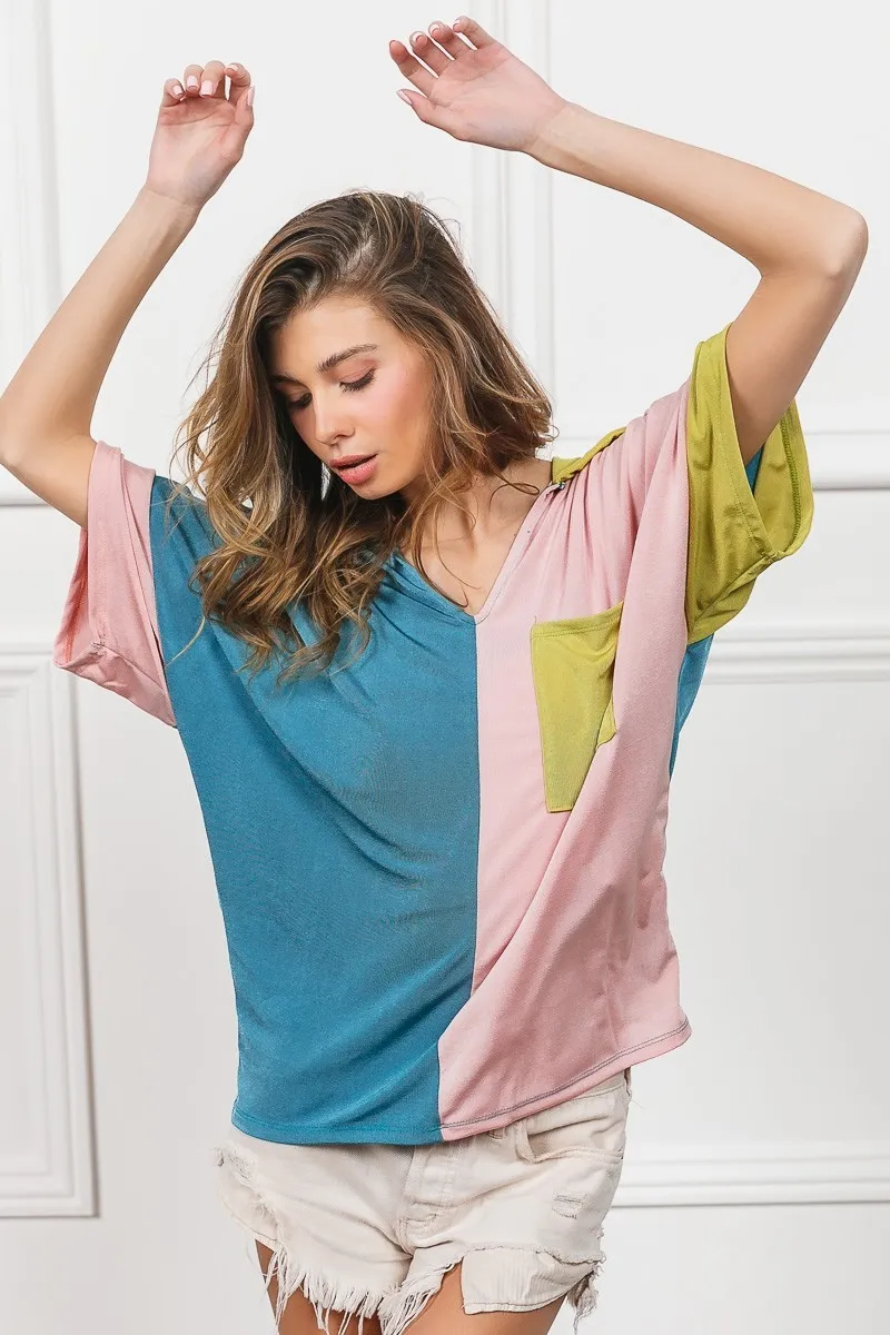 Slinky Knit Color Block V Neck Front Top, image 2