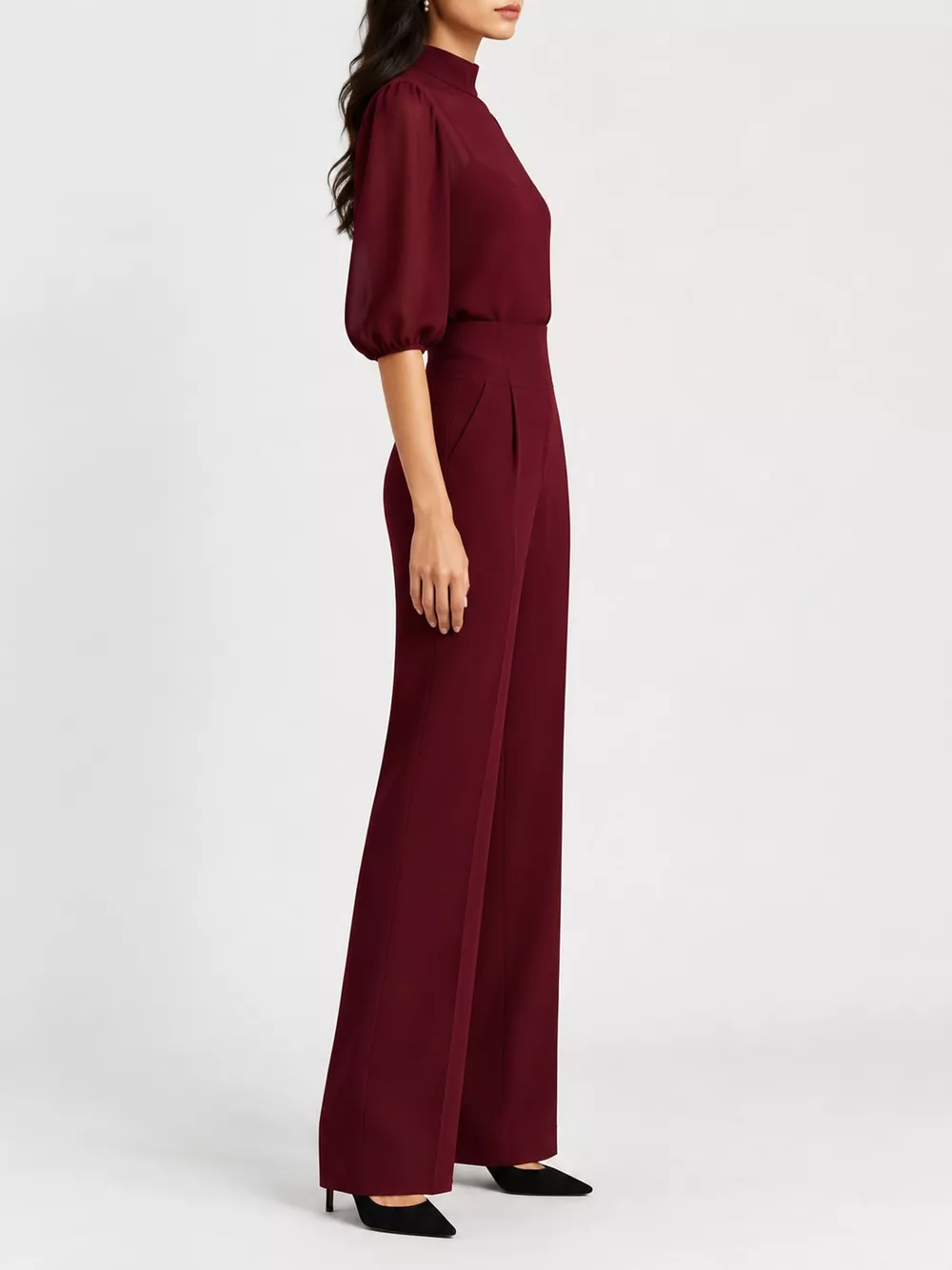 Mock Neck Puff Sleeve Top and Wide Leg Pants Set, image 6