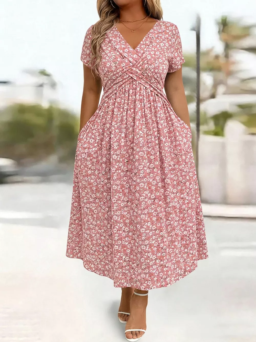 Full Size Twisted Front Short Sleeve Midi Dress with Pockets Plus Size, image 32