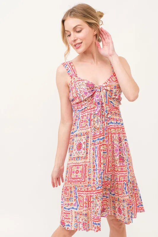 Tied Front Smocked Back Tiered Boho Printed Dress
