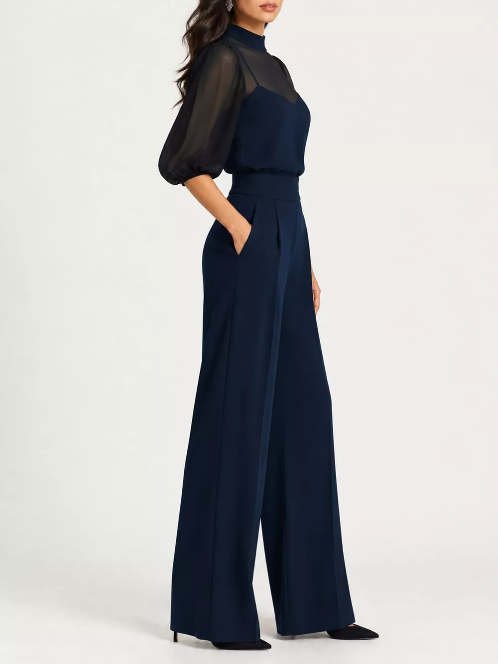Mock Neck Puff Sleeve Top and Wide Leg Pants Set, image 12