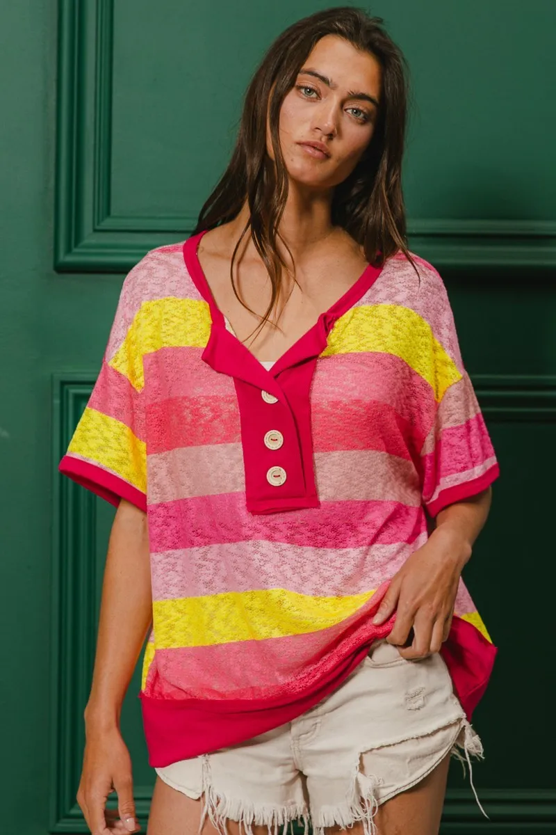 Multi Color Stripe Hacci Button Detail Ringer Top