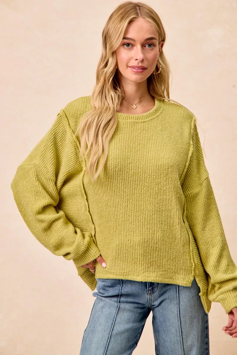 Boucle Rib Knit Uneven Hem Sweater With Open Seam, image 3
