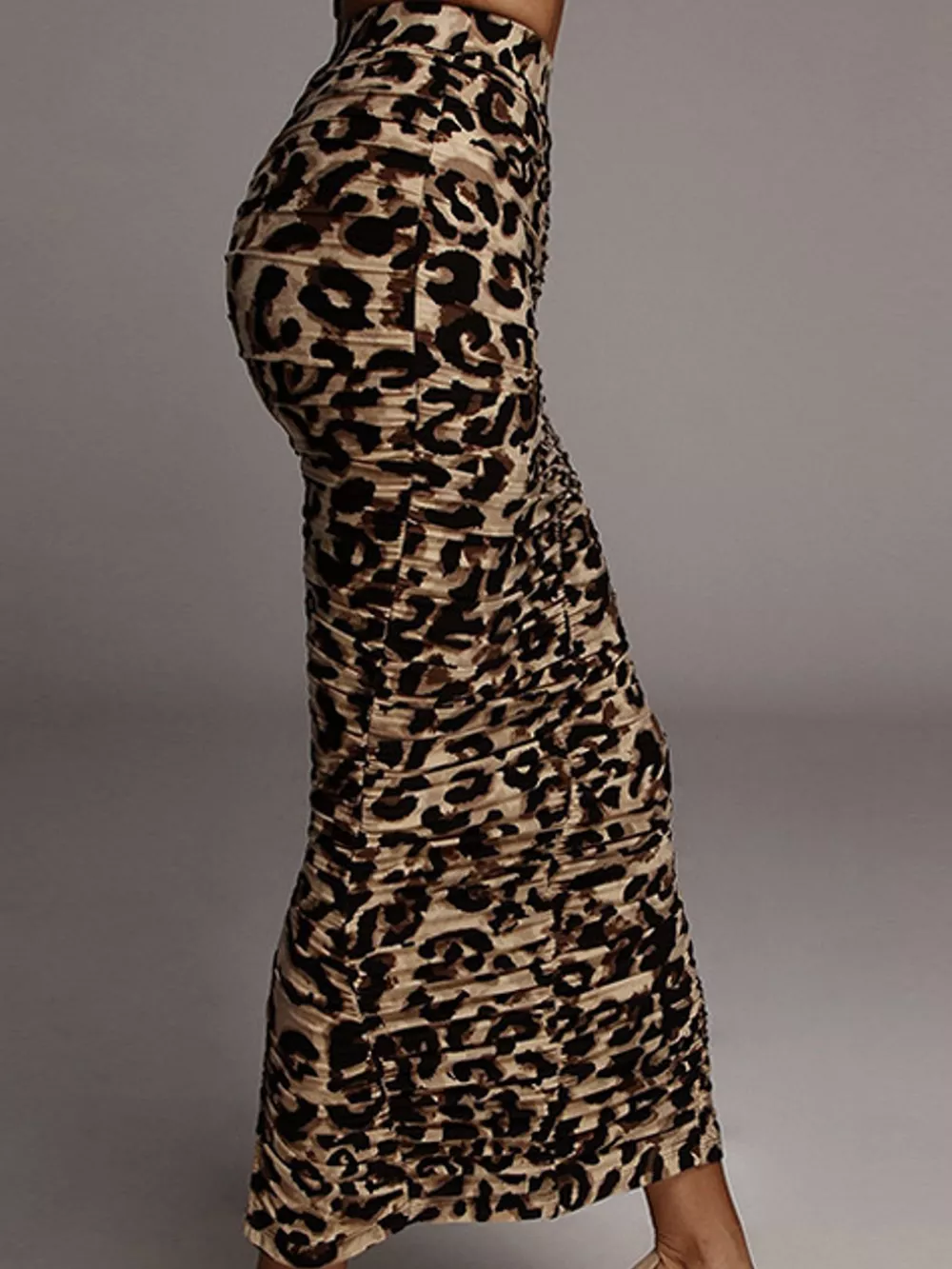 Ruched Leopard Print Slit Skirt