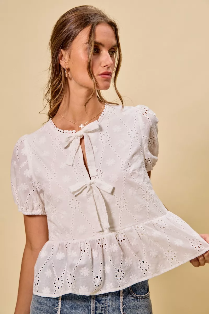 Cotton Eyelet Front Tie Short Sleeves Blouse, image 7