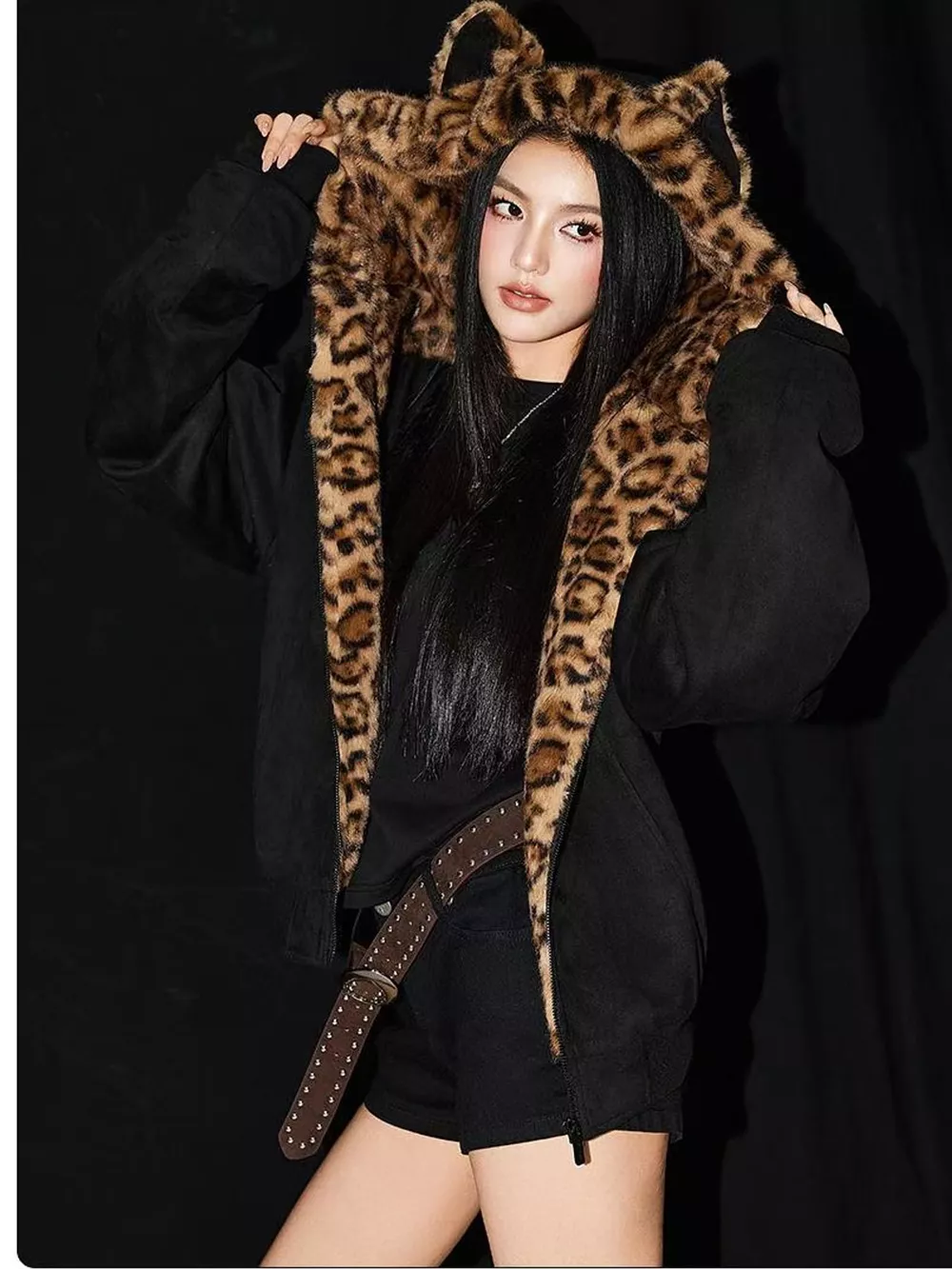 Leopard Faux Fur Lined Zip Up Jacket, image 5