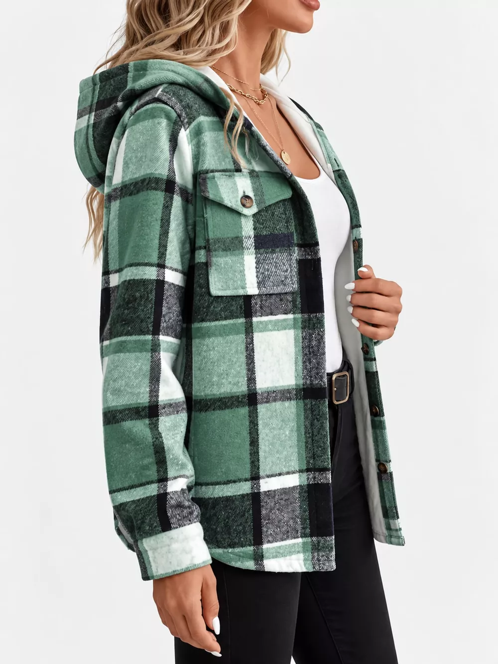 Fleece-Lined Plaid Button Up Shacket, image 3