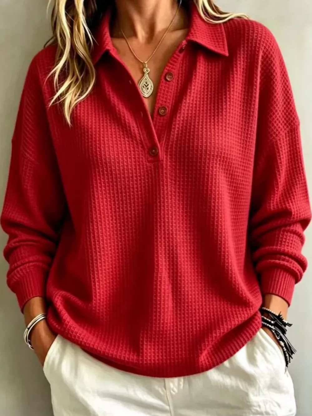 Full Size Waffle Knit Dropped Shoulder Top Plus Size, image 17