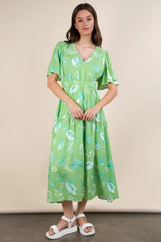 Printed V-Neck Resort Midi Dress