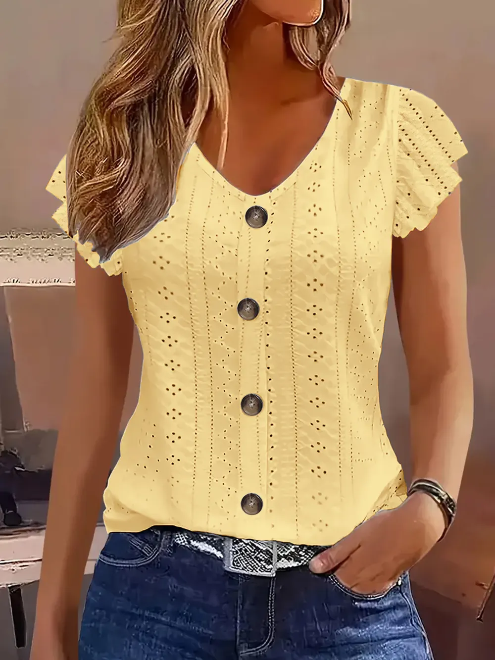 Eyelet Button-Front Flutter Sleeve Top, image 6