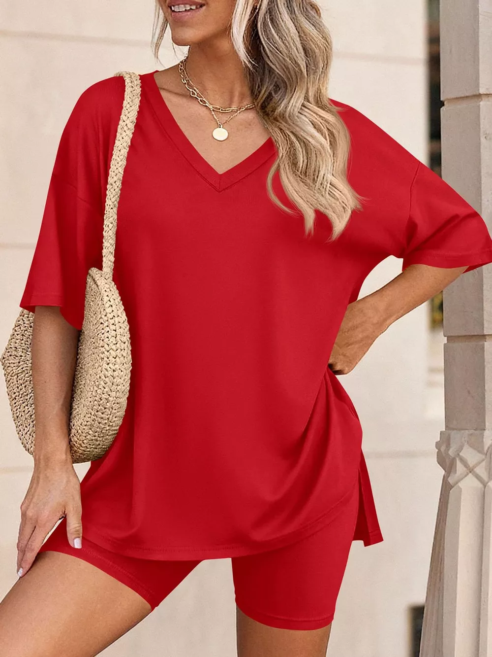 Full Size Casual Loose V-Neck T-Shirt & Shorts Set Plus Size, image 25