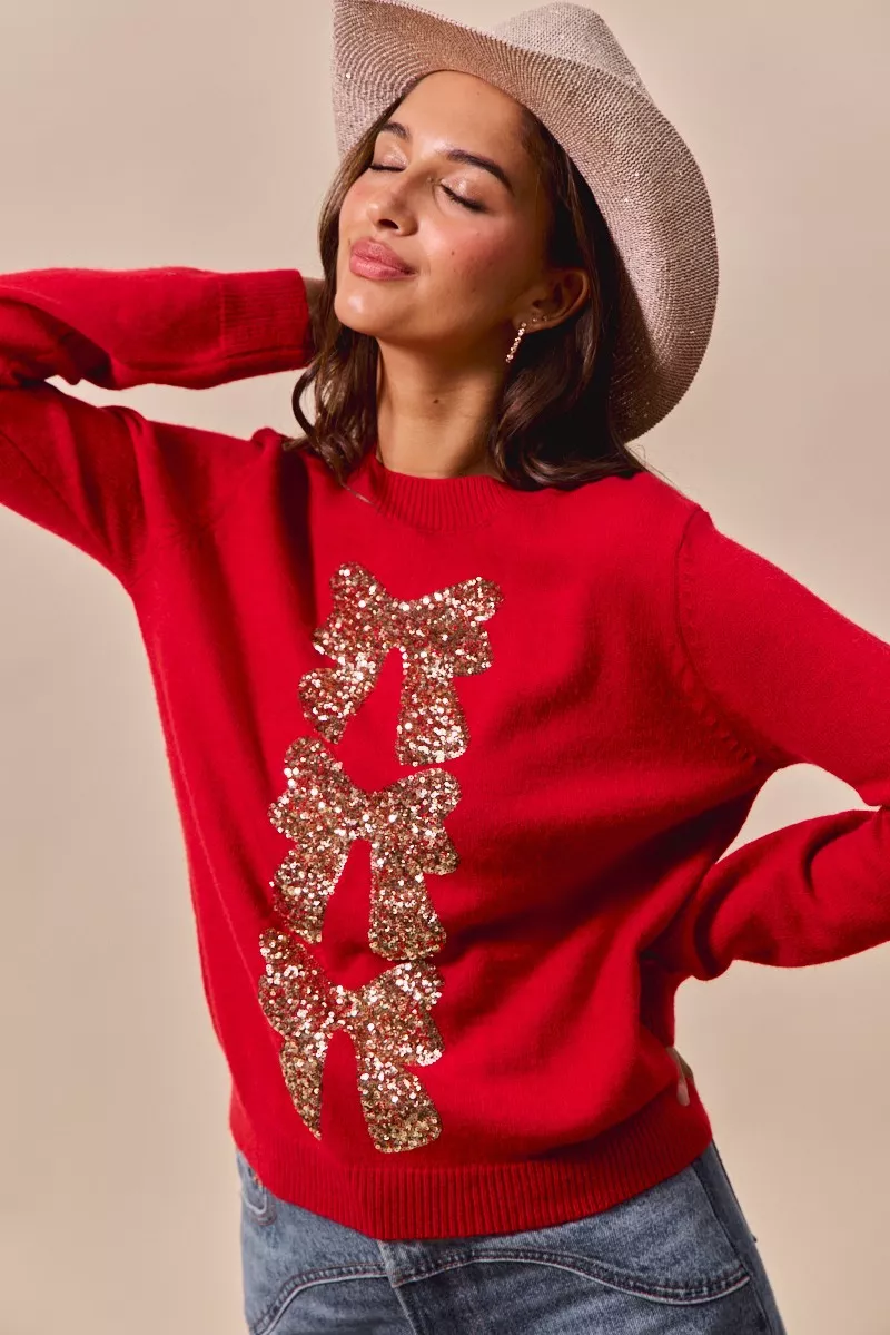 Sequins Bow Ribbon Embellished Christmas Sweater, image 7