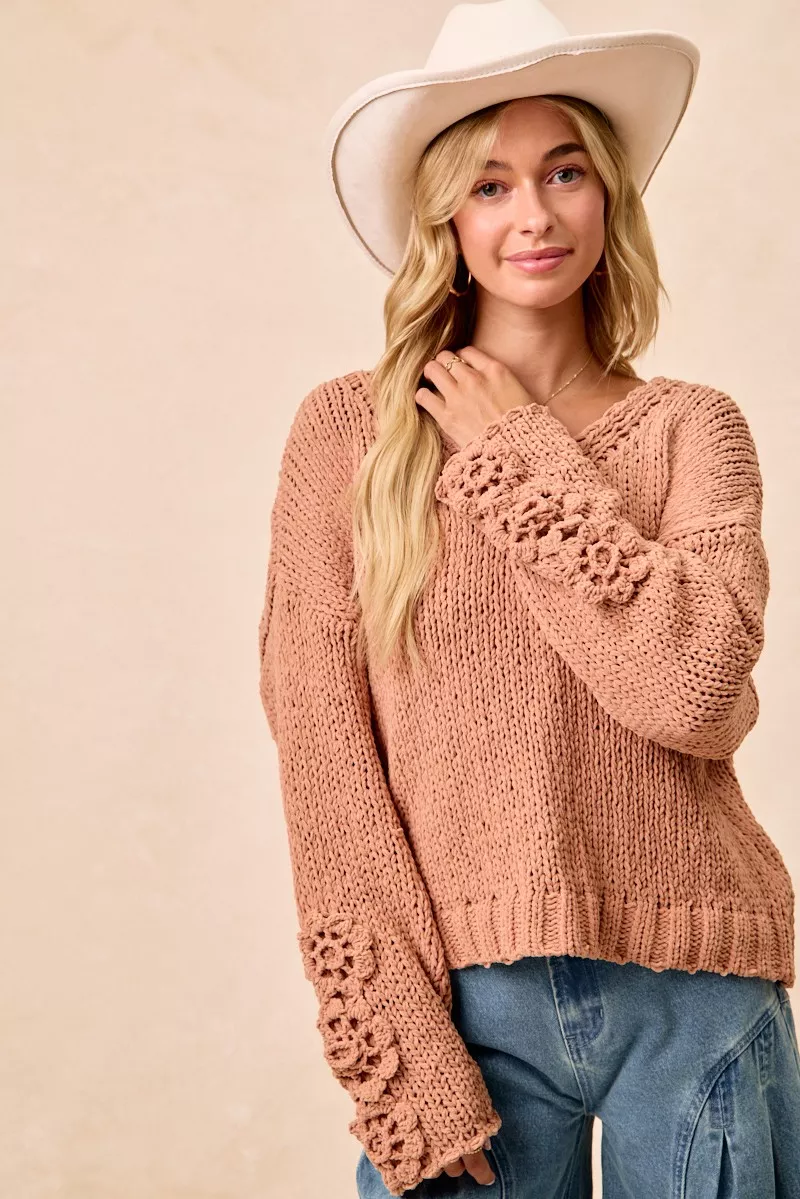 Chunky Knit Sweater with Flower Detail Sleeves, image 4