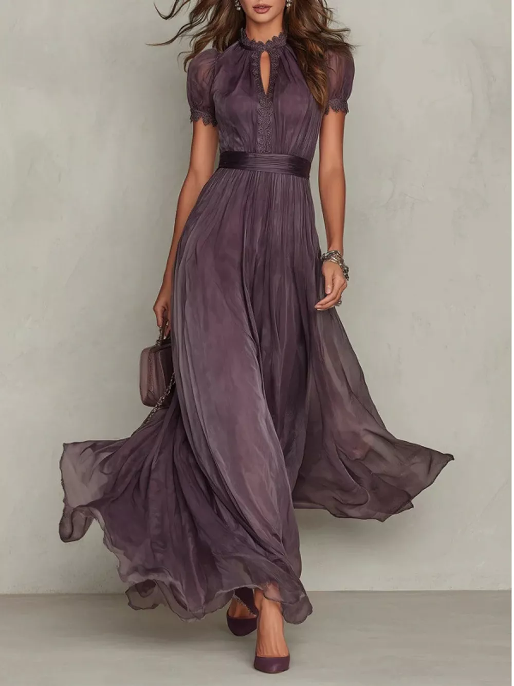 Full Size Elegant Sheer Chiffon Mock-Neck Maxi Dress with Keyhole Detail Plus Size, image 2