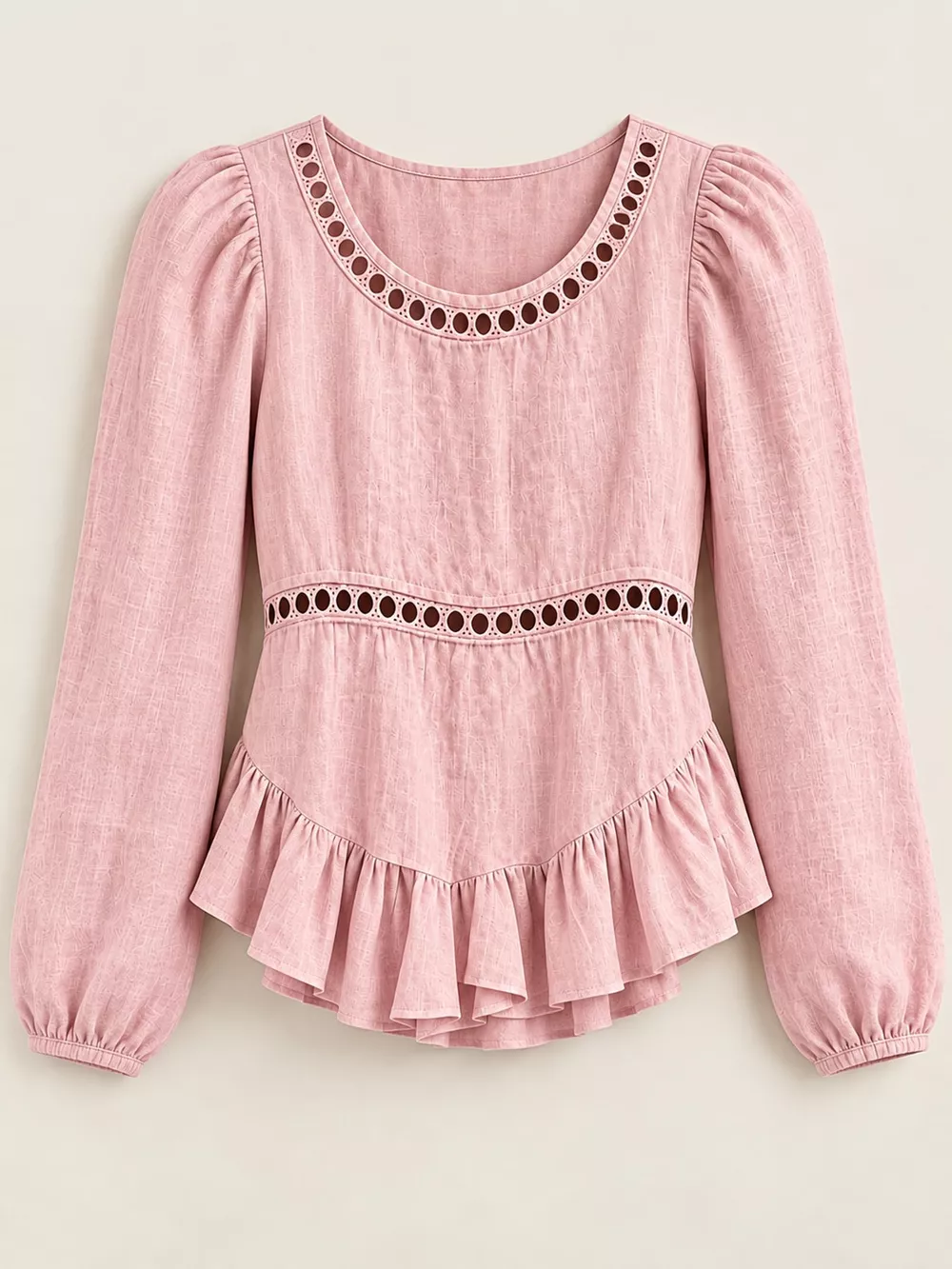 Long Sleeve Blouse with Eyelet Lace Trim and Ruffled Hem, image 4