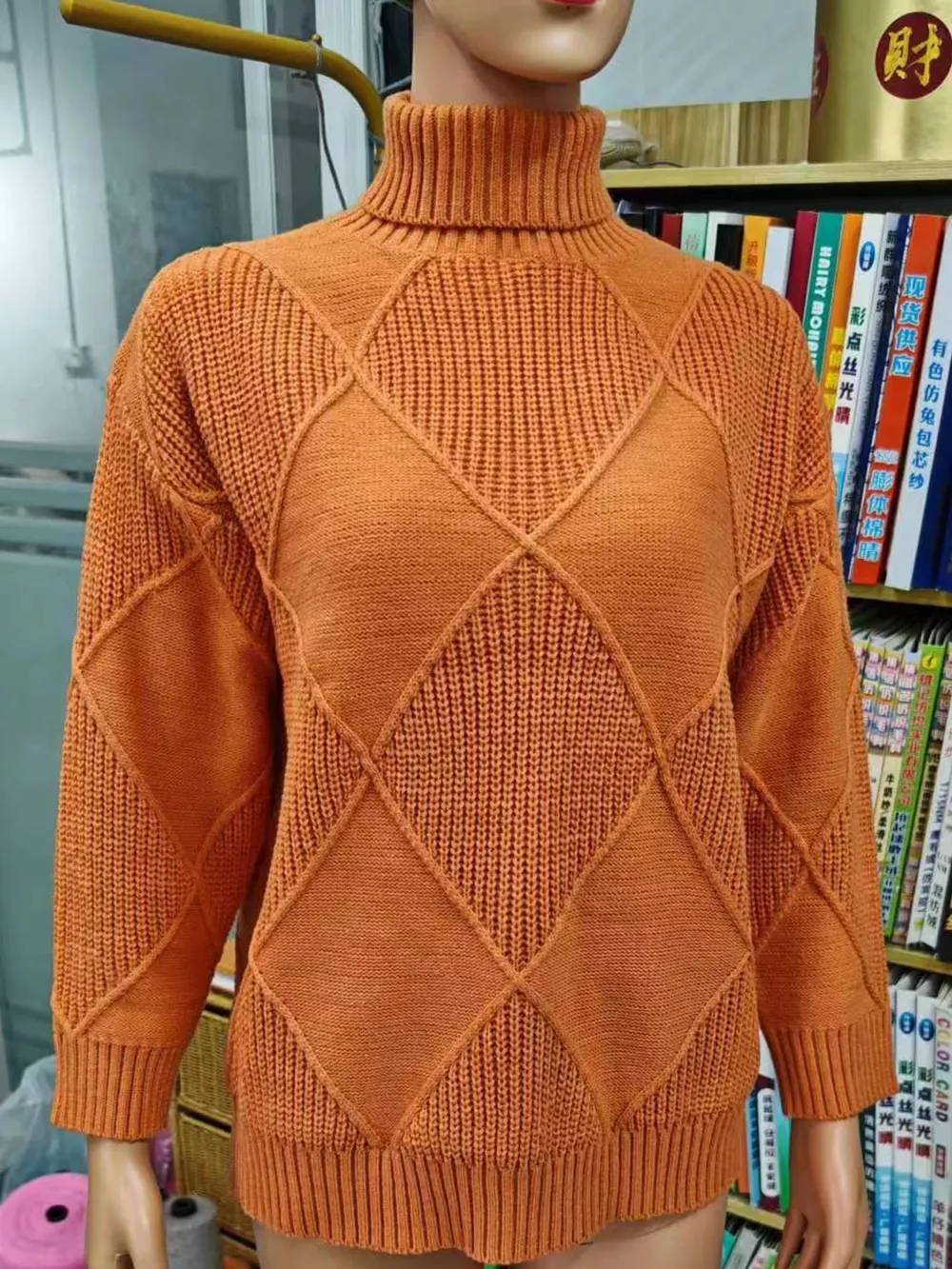 Full Size Diamond Pattern Turtleneck Sweater Plus Size, image 42