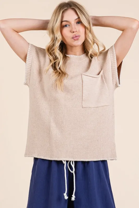 Solid Cap Sleeve Stitch Edge Knit Sweater, image 7