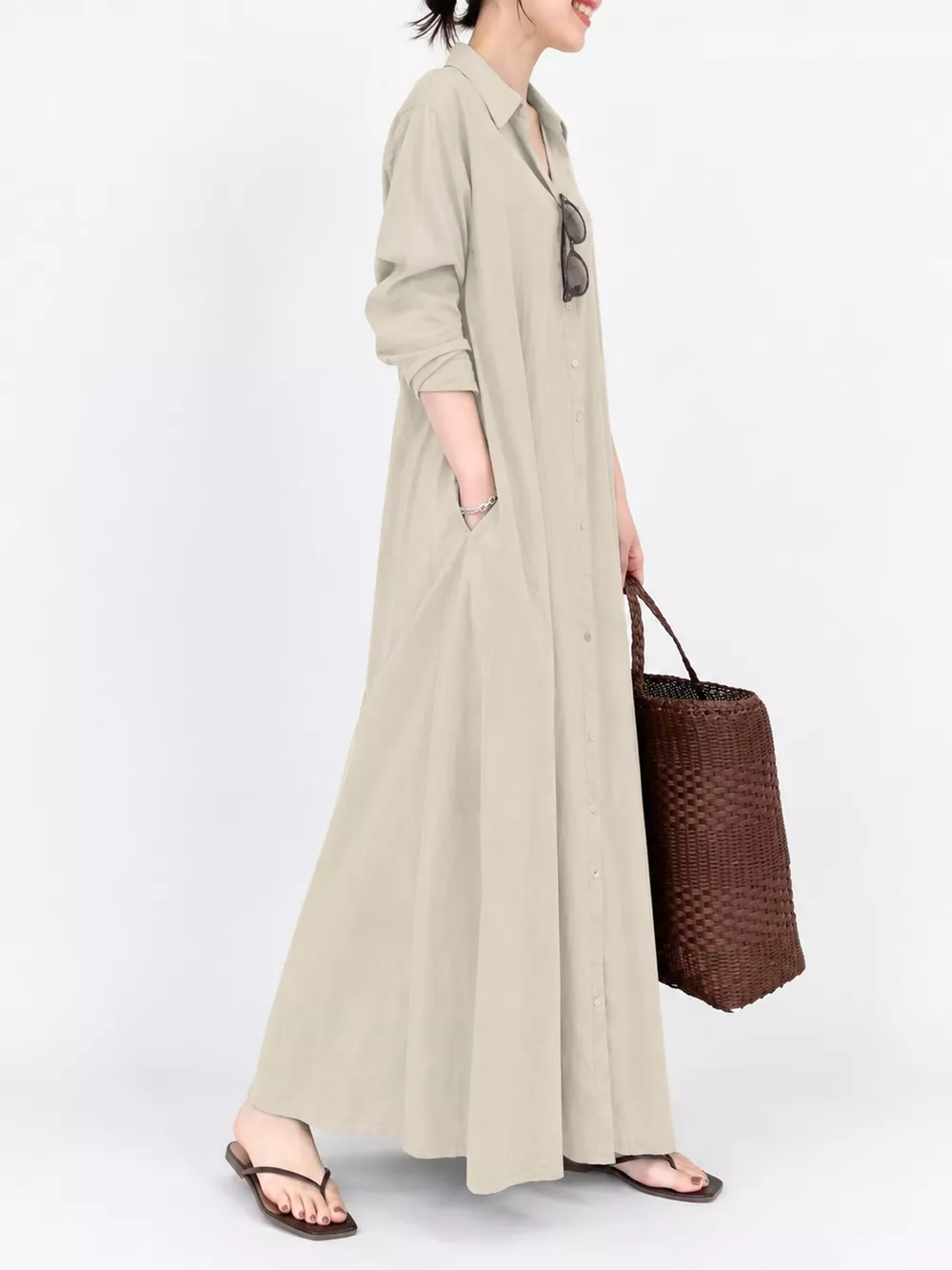 Full Size Button Front Long Sleeve Maxi Shirt Dress Plus Size, image 30