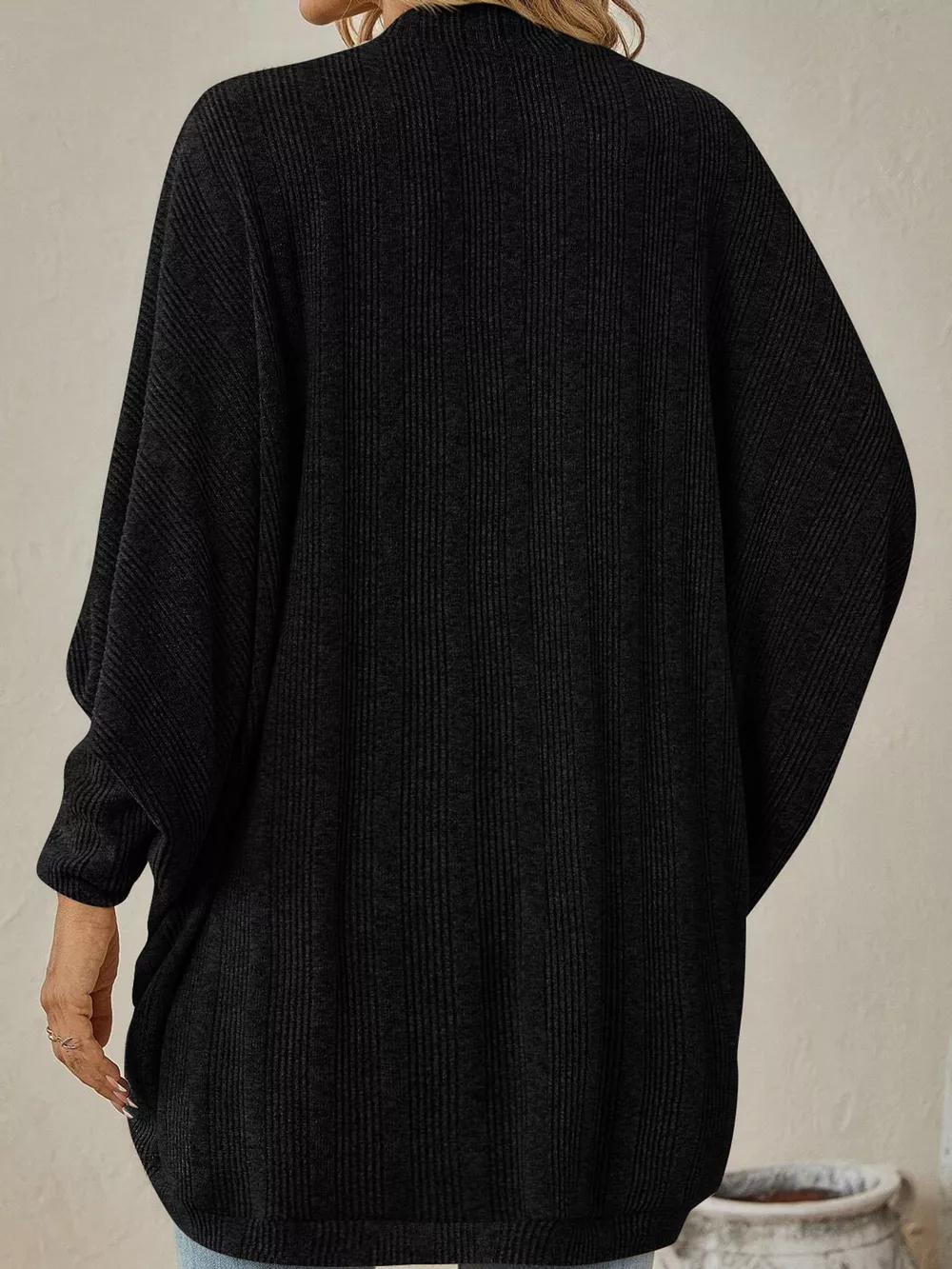 Casual Open Front Batwing Sleeve Ribbed Knit Cardigan, image 10