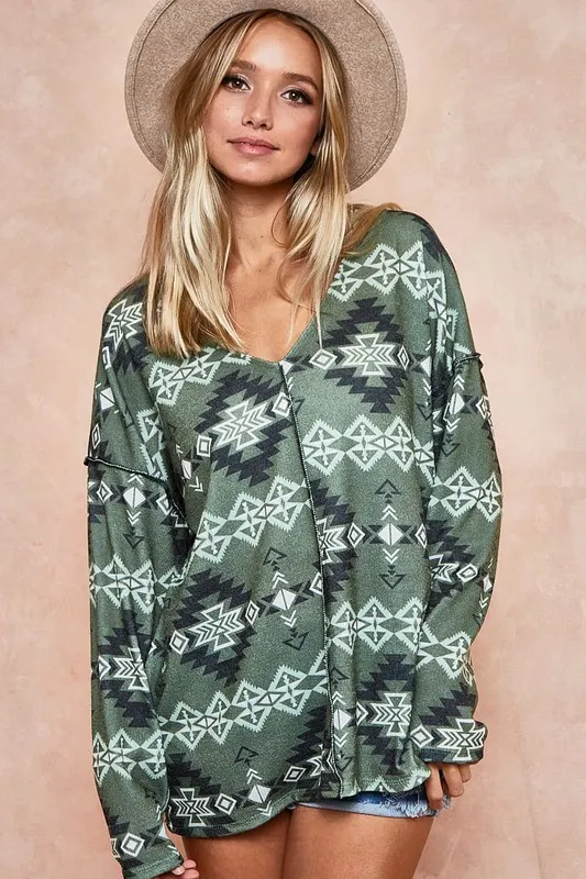 Aztec Print Brushed Out Stitching Detailed Top, image 5