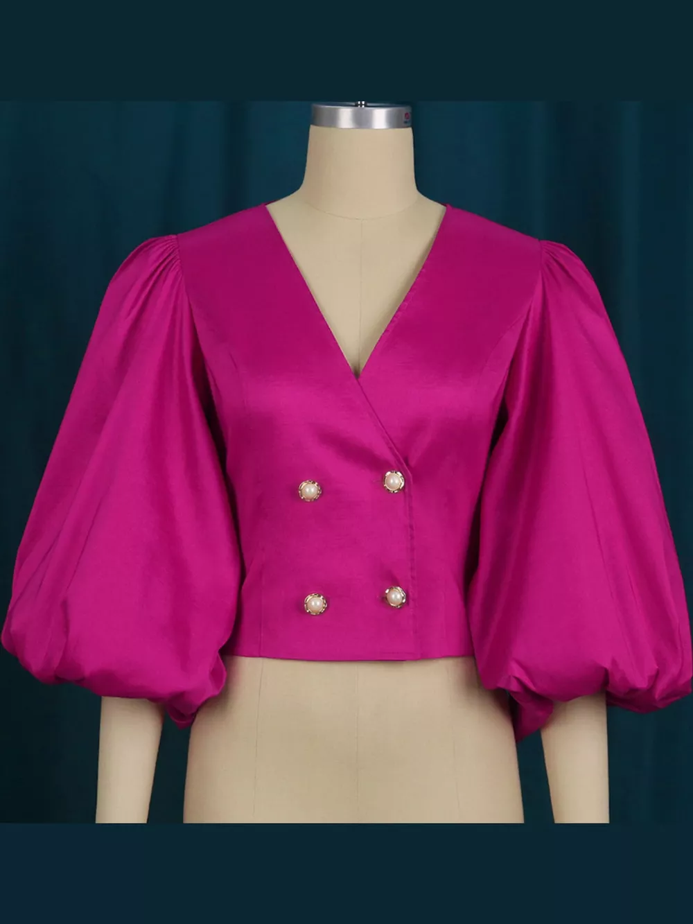 Full Size Double-Breasted Puff Sleeve Blouse Plus Size, image 3