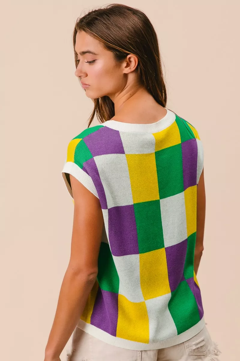 Mardi Gras Checker Pattern Sleeveless Sweater Top, image 20