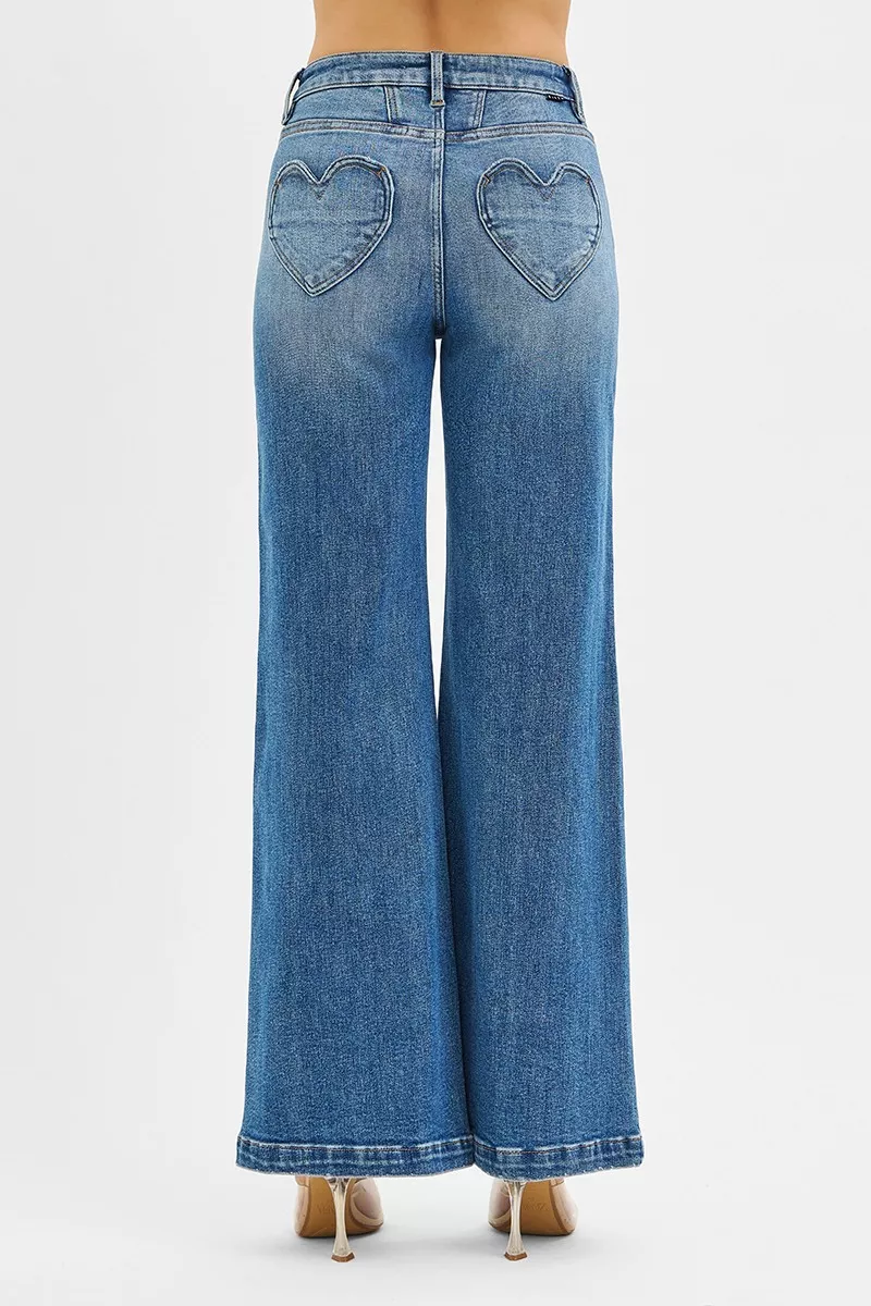 High Rise Wide Leg Jenas with Front Yoke and Heart Back Pocket, image 2
