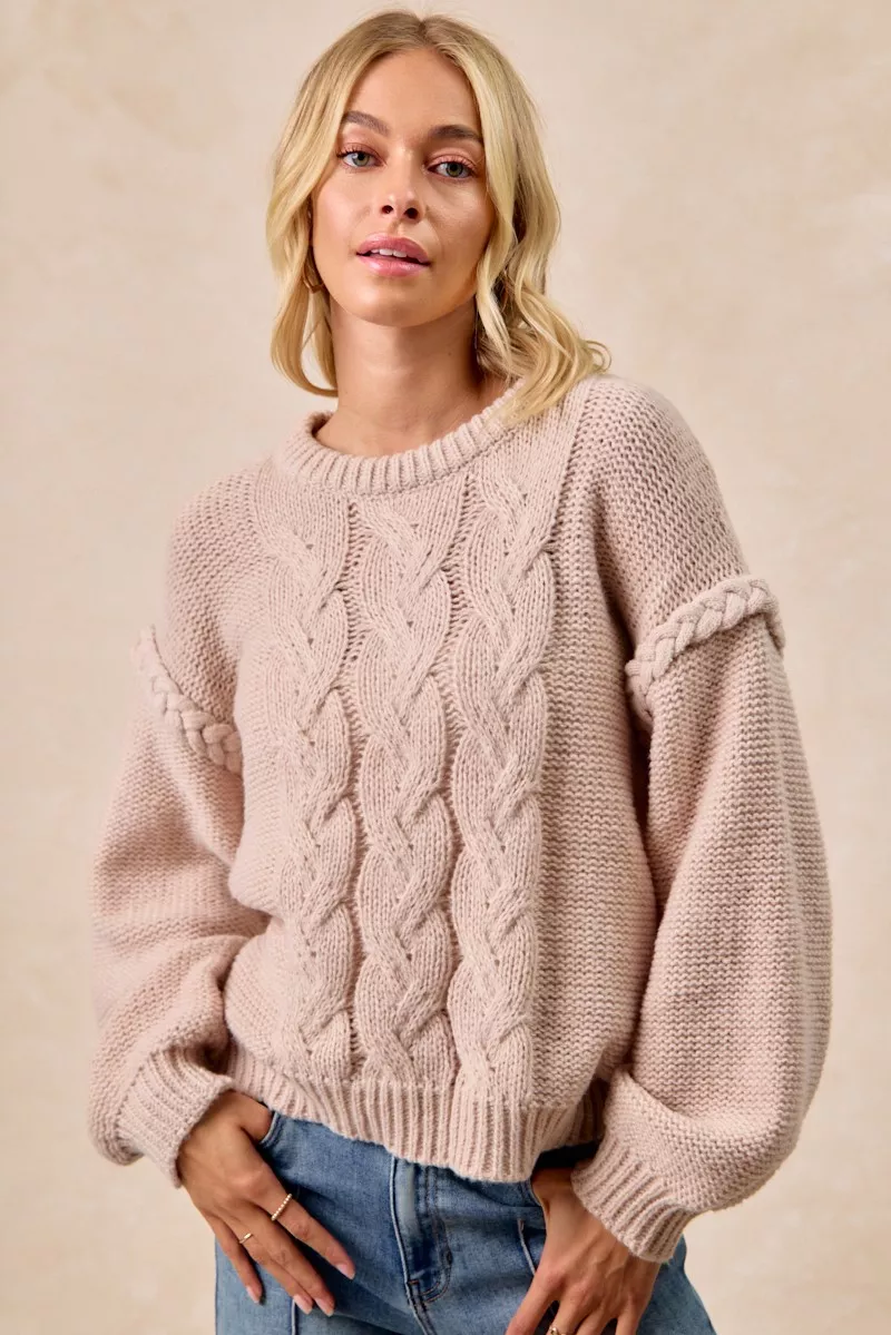 Cable Knit Sweater with Shoulder Braid Detail, image 7