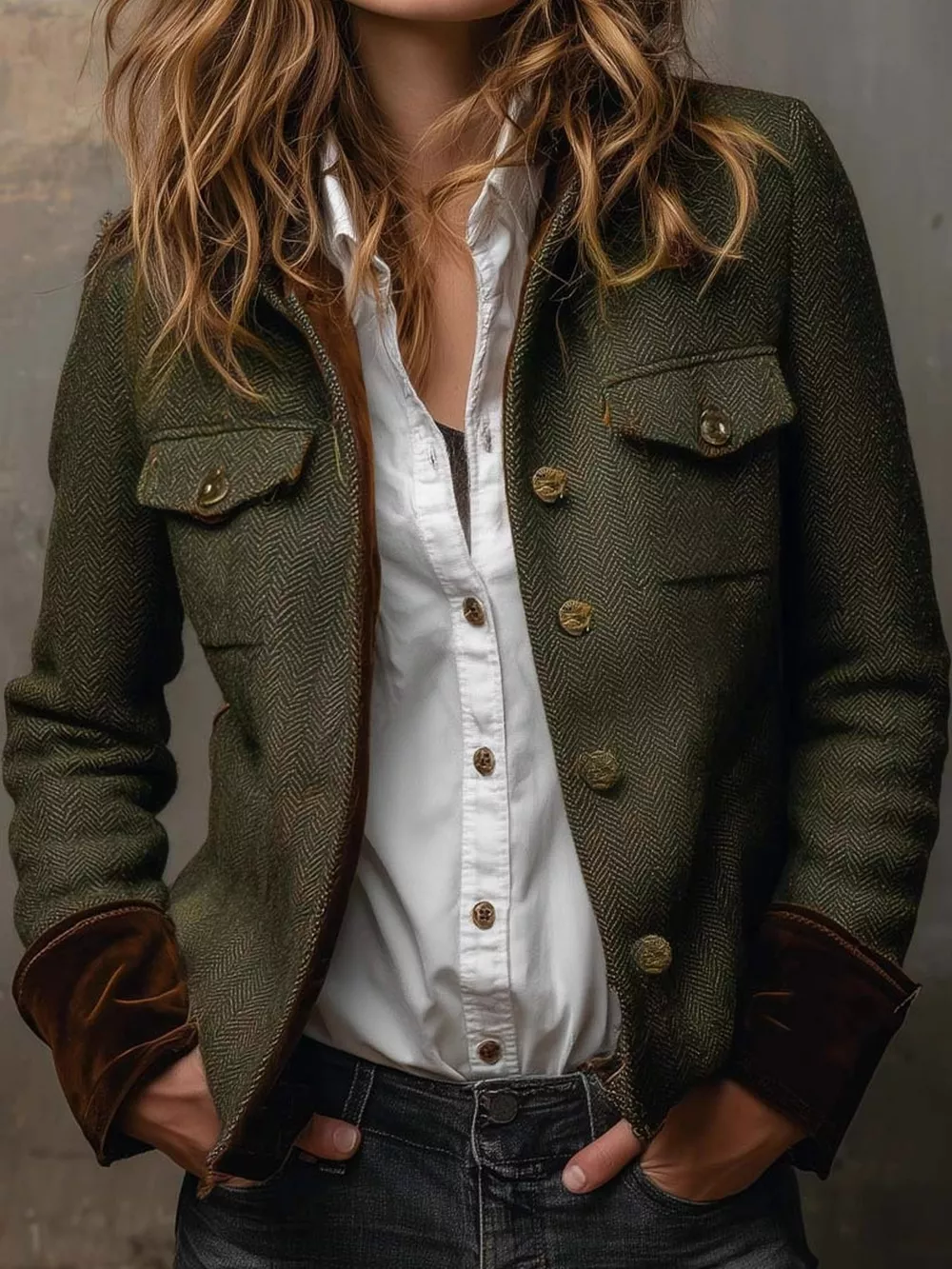 Full Size Vintage Herringbone Tweed Blazer with Velvet Cuffs Plus Size