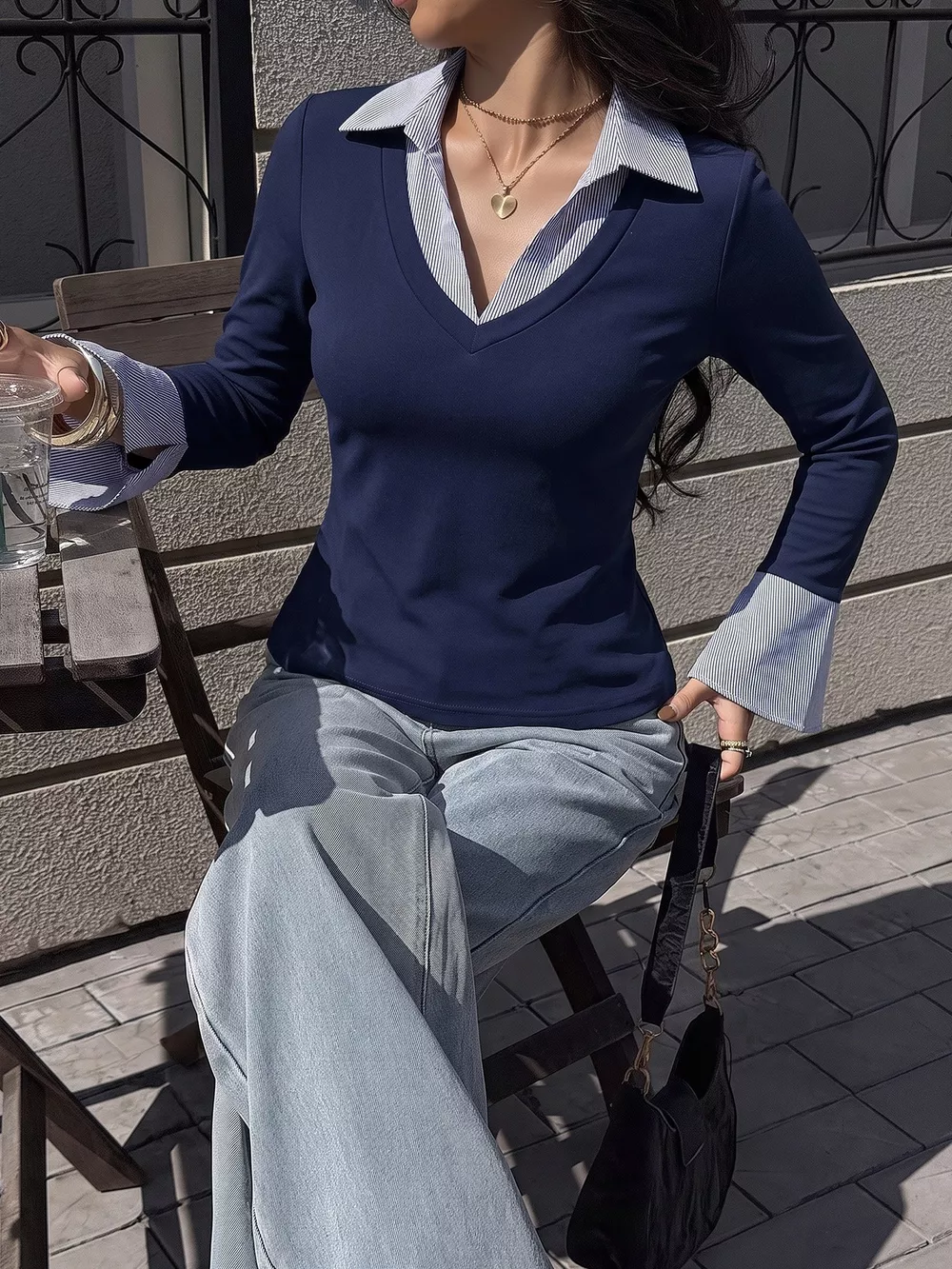 Contrast Collar Long Sleeve Top, image 4