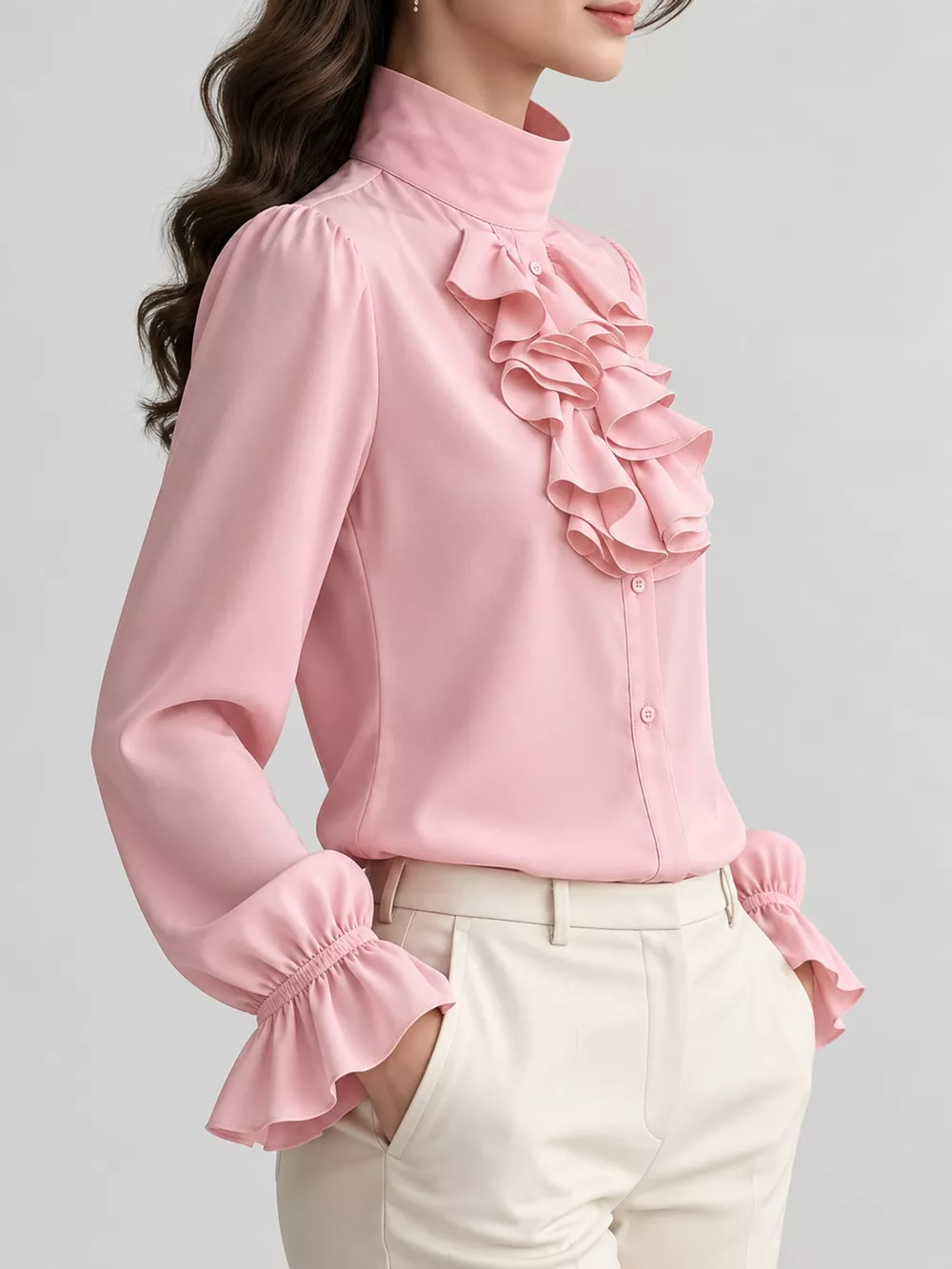 Ruffled Stand-Collar Blouse with Long Lantern Sleeves, image 20
