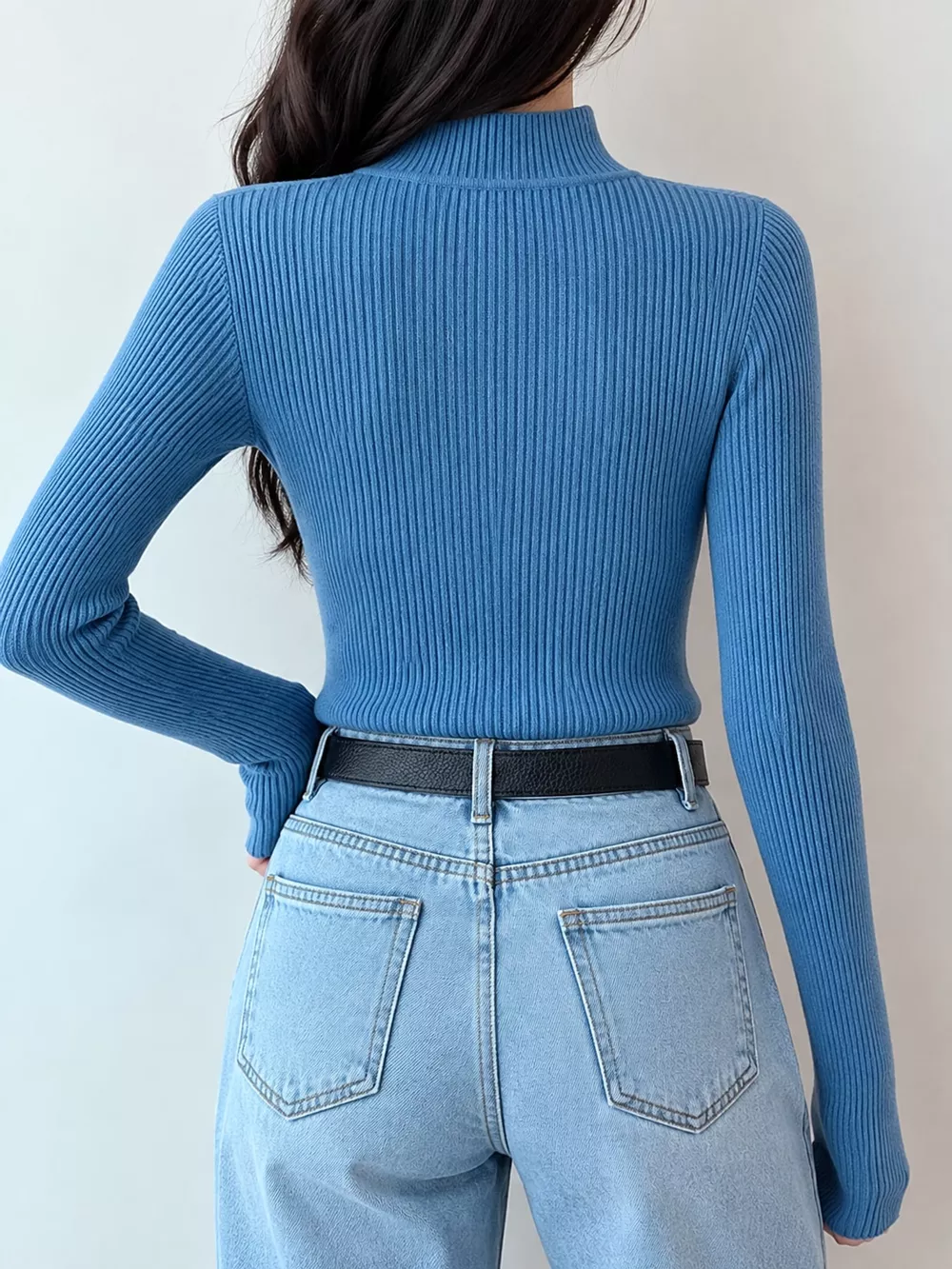 Elegant Slim-Fit Ribbed Mock Neck Knit Top, image 42