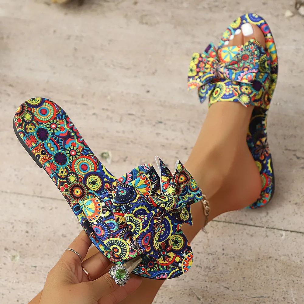 Bow Printed Open Toe Flats Sandals, image 5