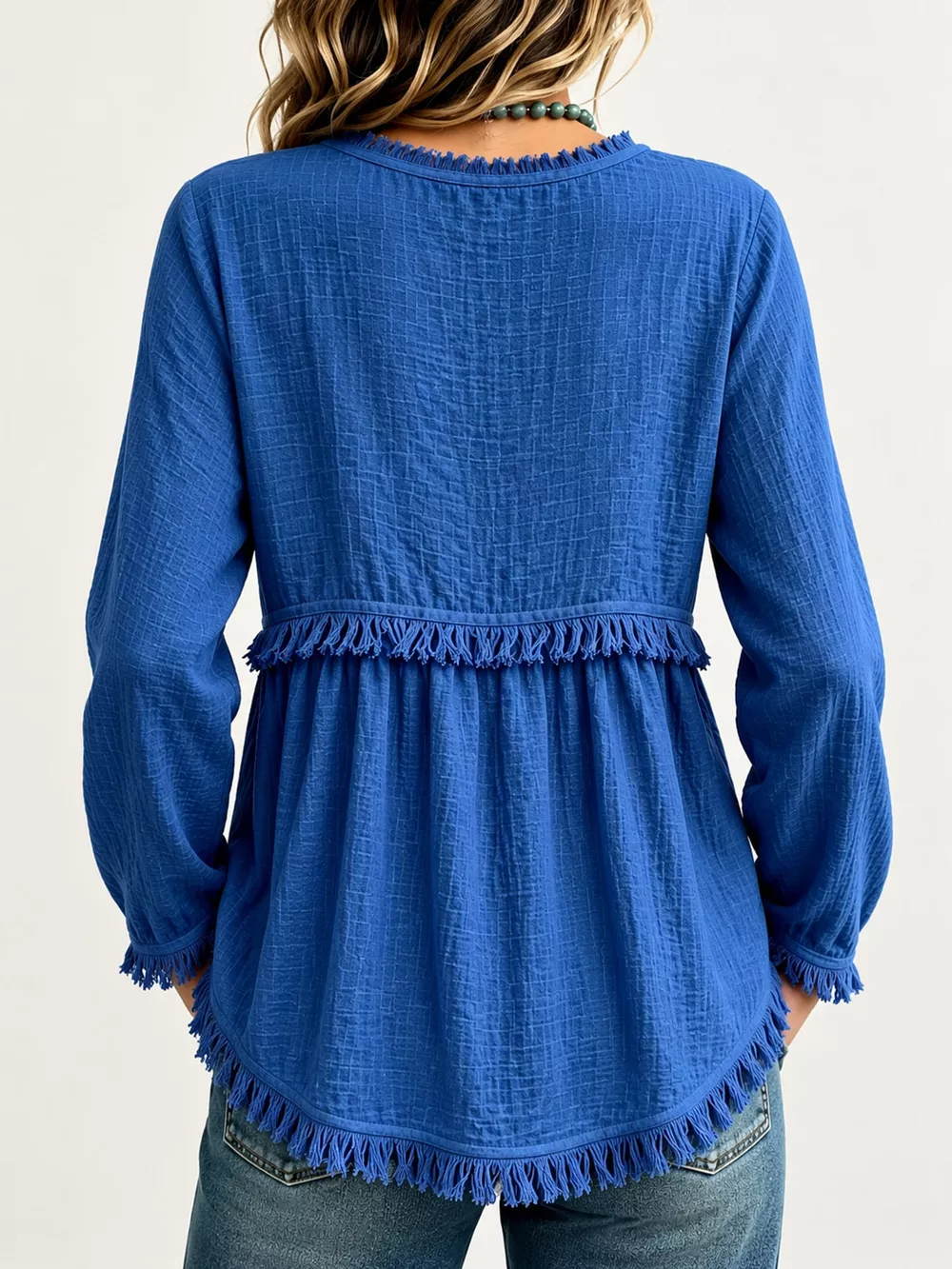Full Size Fringed Trim V-Neck Long Sleeve Blouse Plus Size, image 56