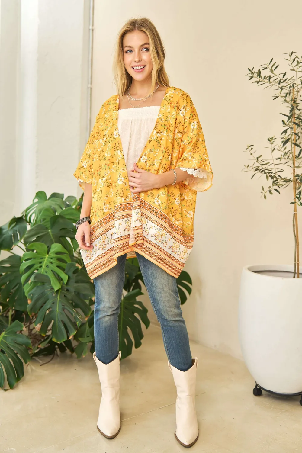 Floral Printed Short Sleeve Loose Fit Kimono Cover Up, image 2
