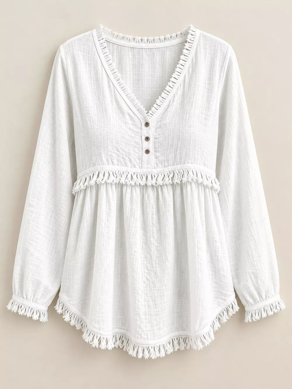 Full Size Fringed Trim V-Neck Long Sleeve Blouse Plus Size, image 10