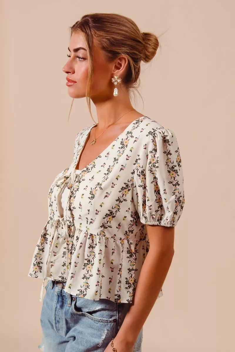 Floral Print Tie Front Shirred Hem Blouse, image 2