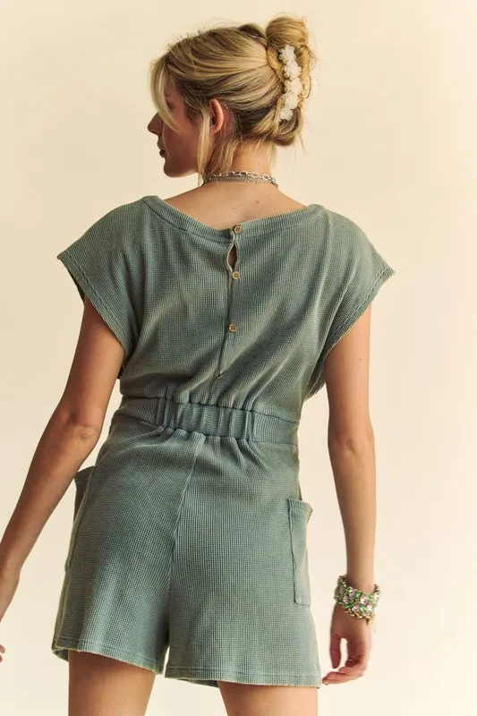 Acid-Washed Waffle Knit Cuffed Sleeves Romper, image 3