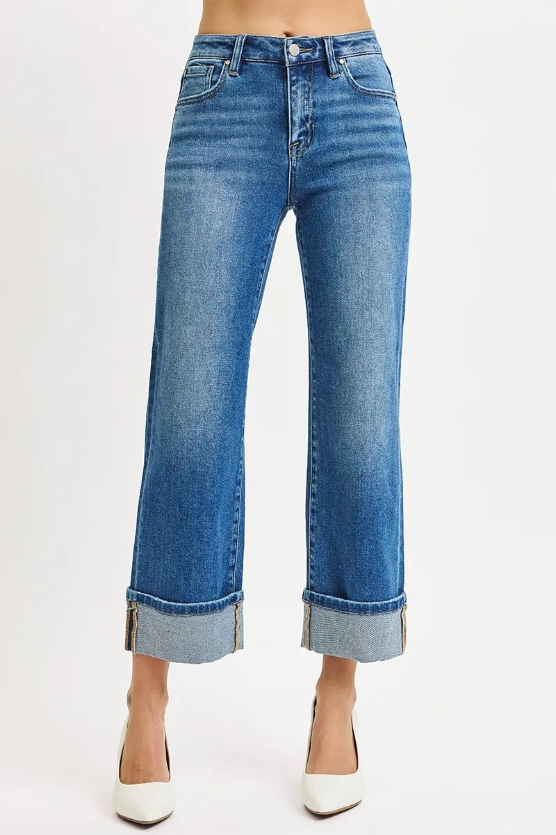 Full Size Mid Rise Crop Straight Cuffed Jeans Plus Size