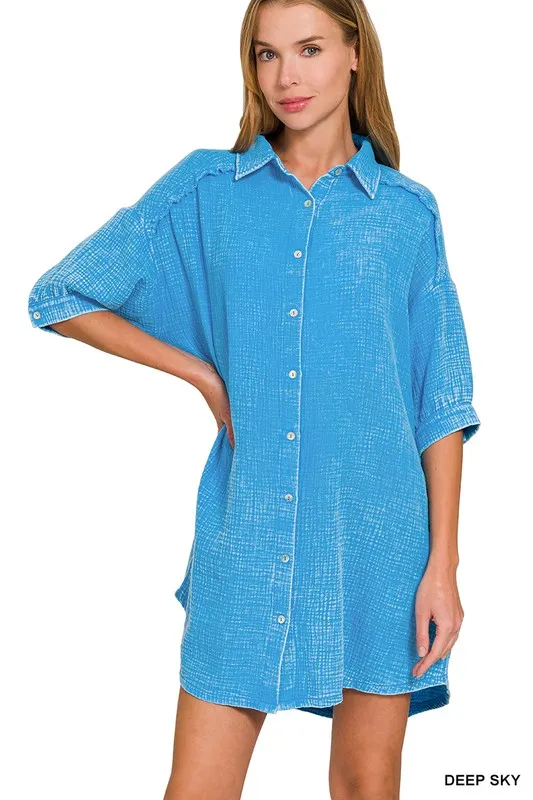 Washed Double Gauze Button Down Shirt Dress