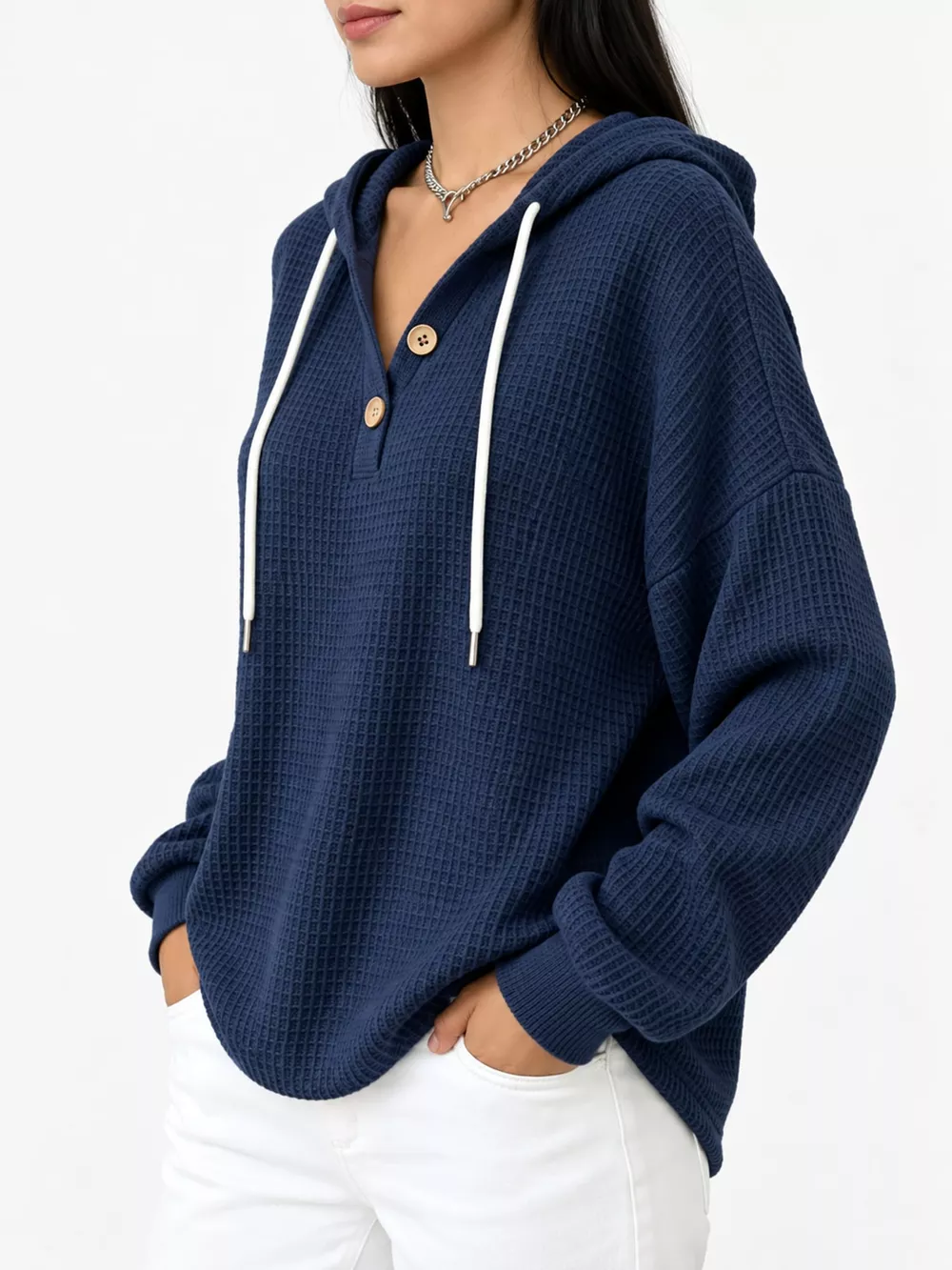 Full Size Waffle Knit Button Detail Hoodie Plus Size, image 36