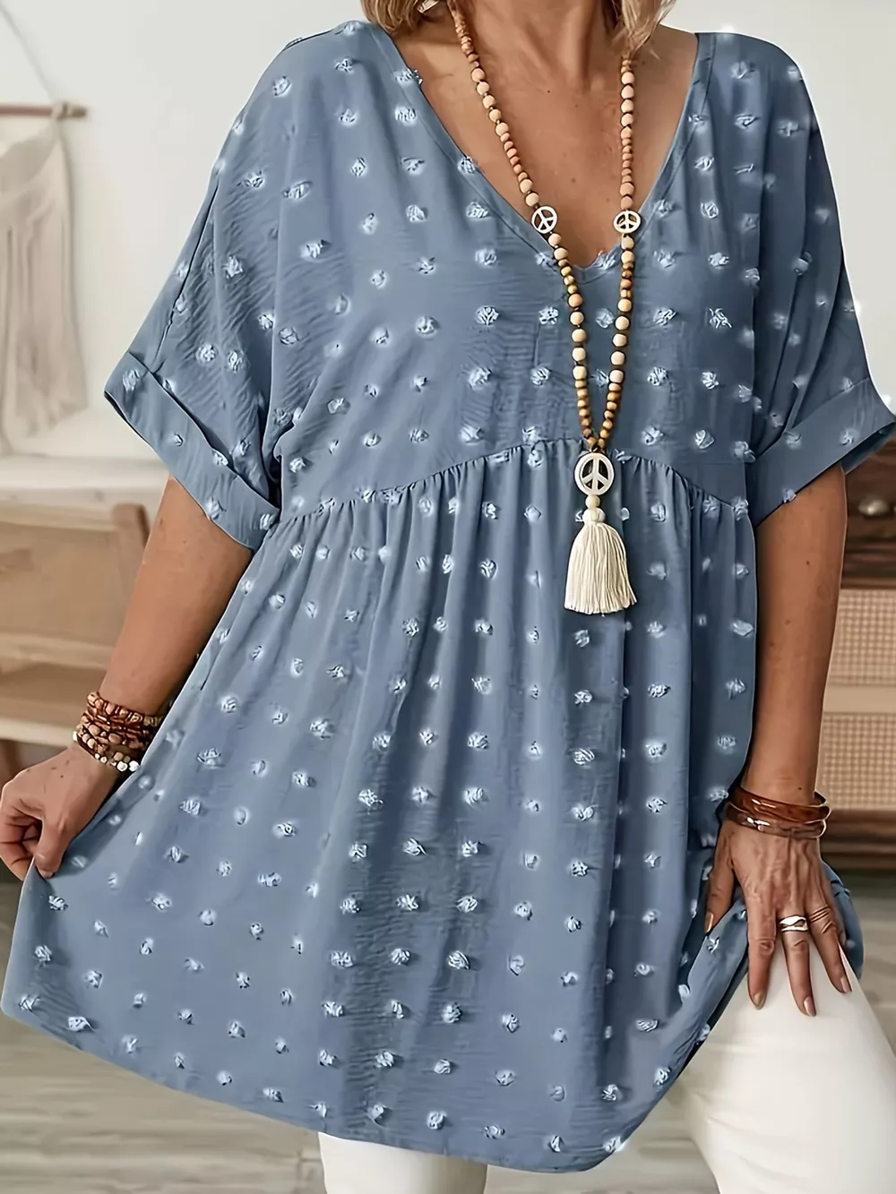 Plus Size Swiss Dot V-Neck Casual Blouse, image 7