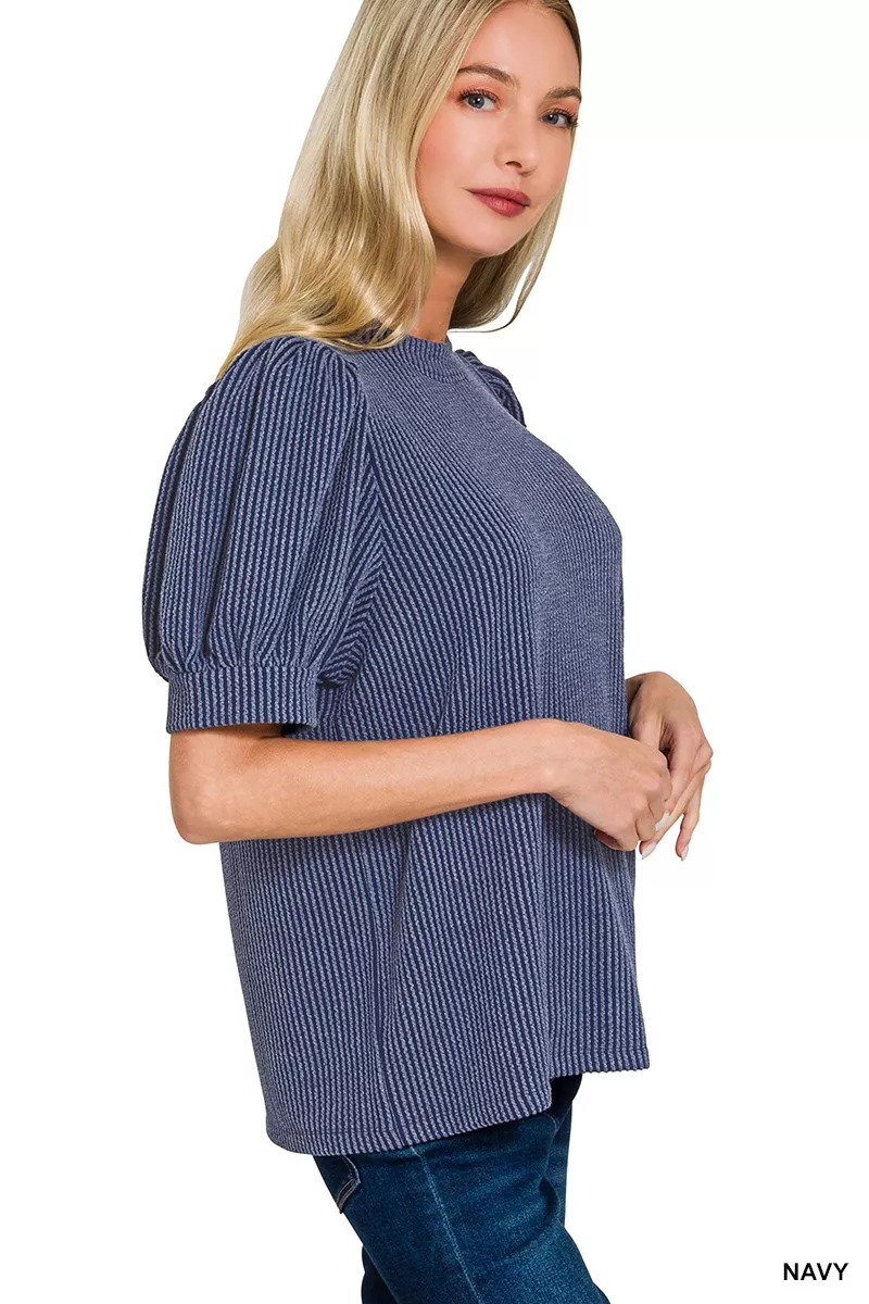 Raised Rib Puff Sleeve Top, image 2
