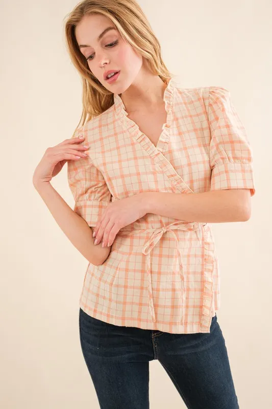 Plaid Patterned and Ruffled Wrap Blouse Top, image 6