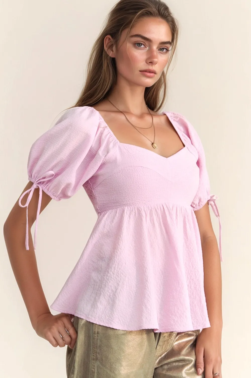 Solid Elastic Peplum Puffed Sleeves Blouse, image 4