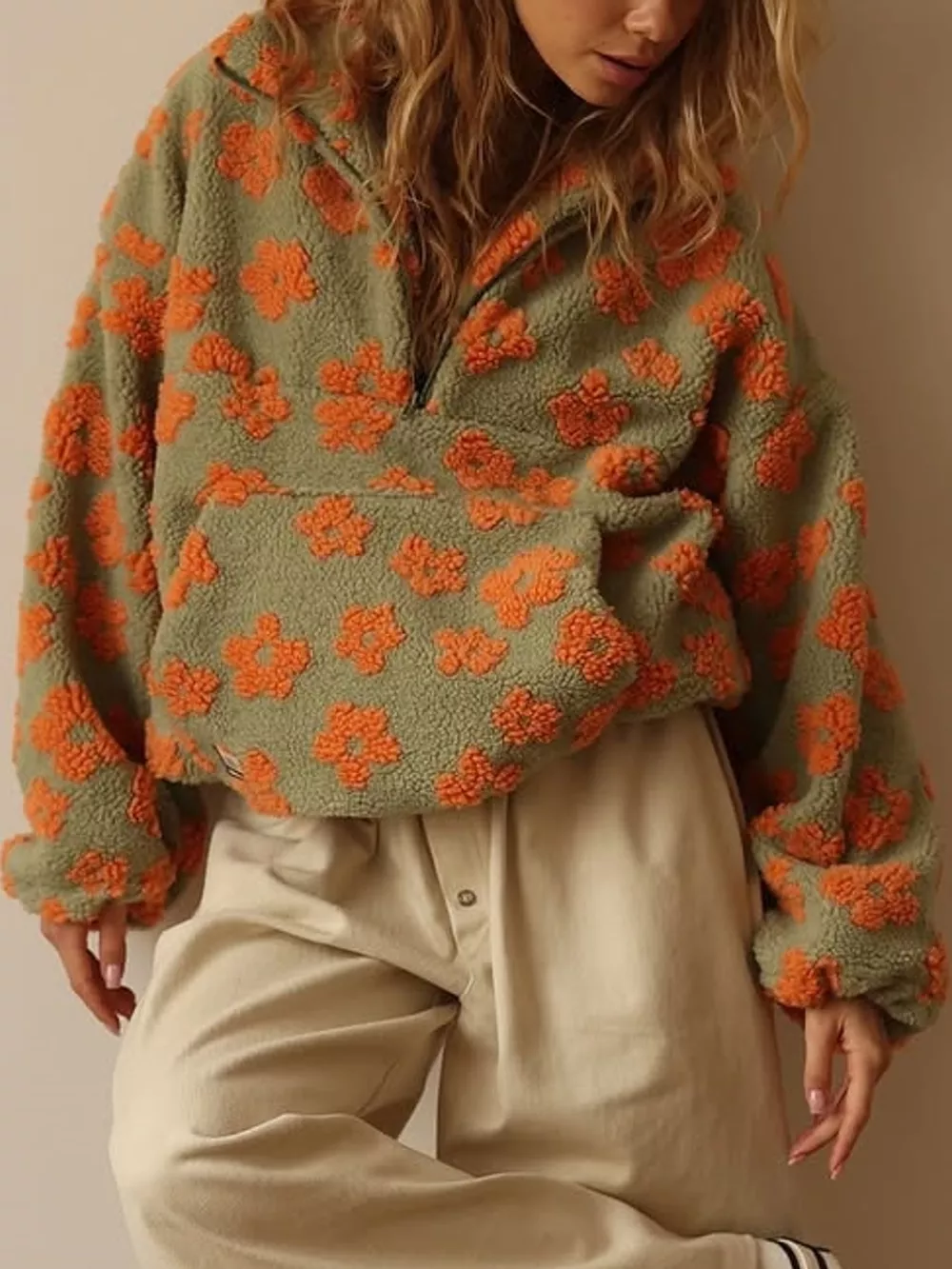 Floral Quarter-Zip Sherpa Sweatshirt, image 6